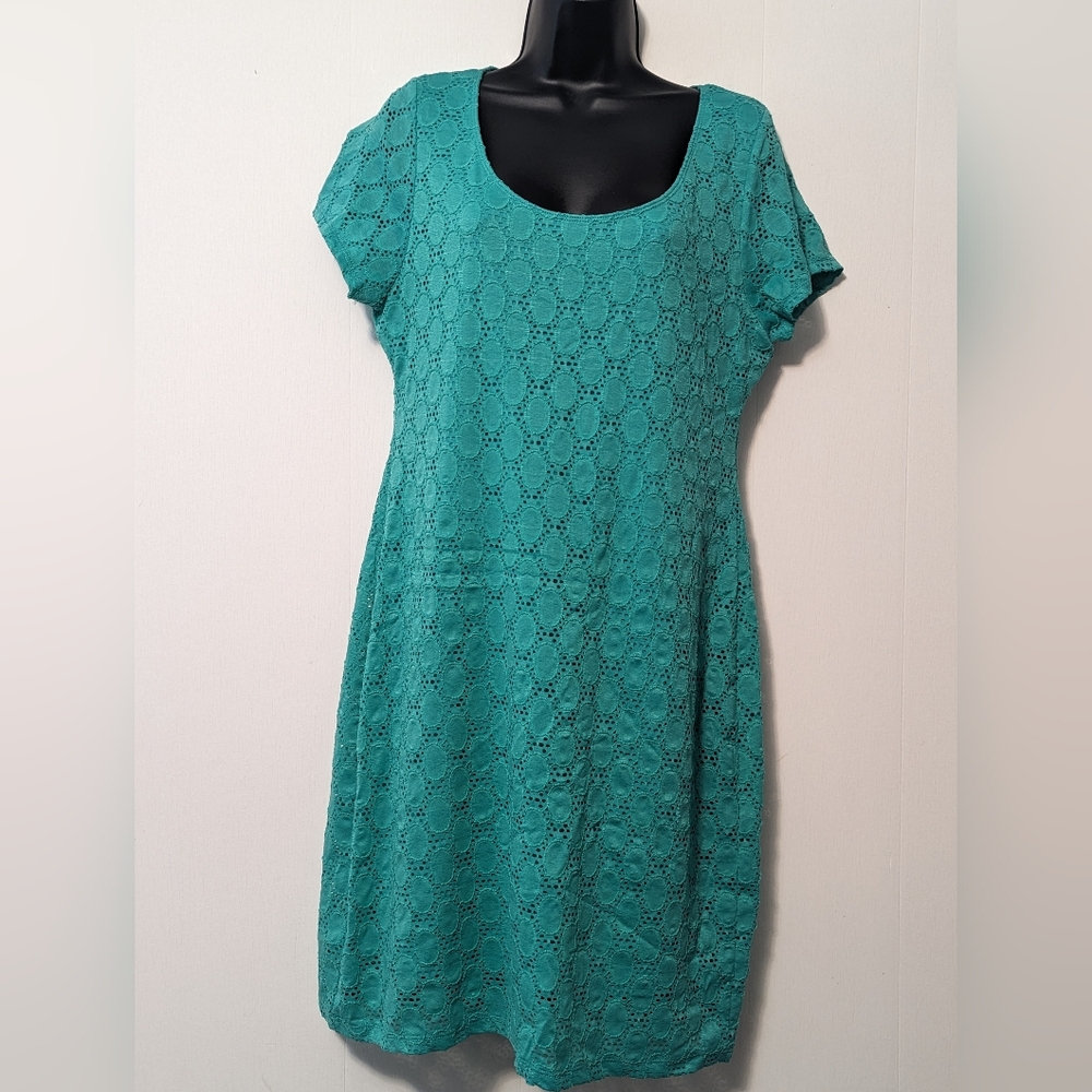 Women's Isaac Mizrahi Blue/Green Teal Lined Lace Dress Short Sleeve Size XL